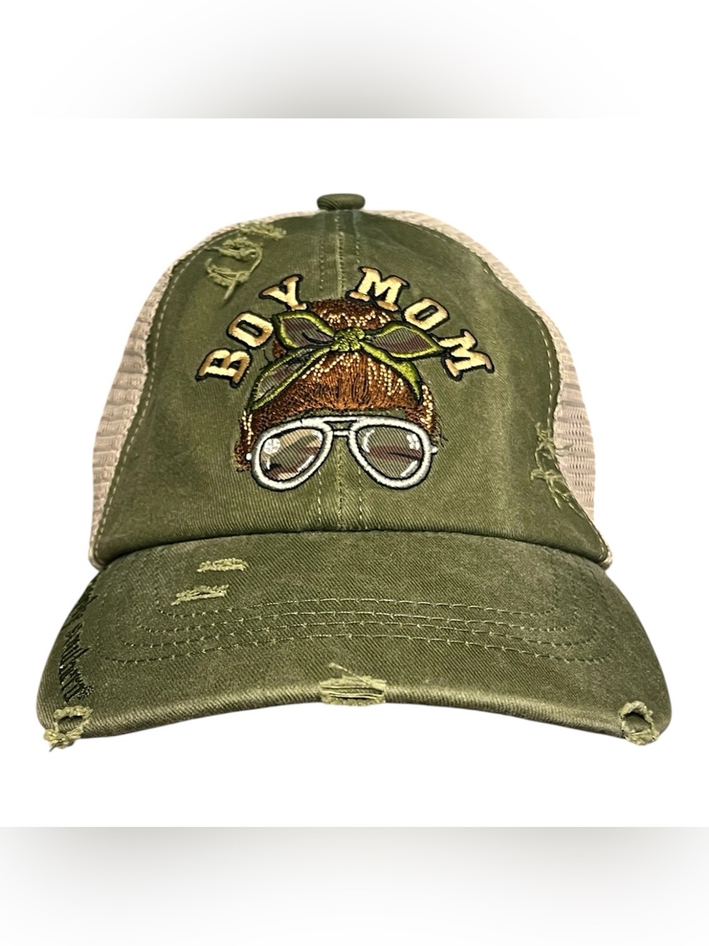 Simply Southern Olive 'Boy Mom' Distressed Trucker Hat